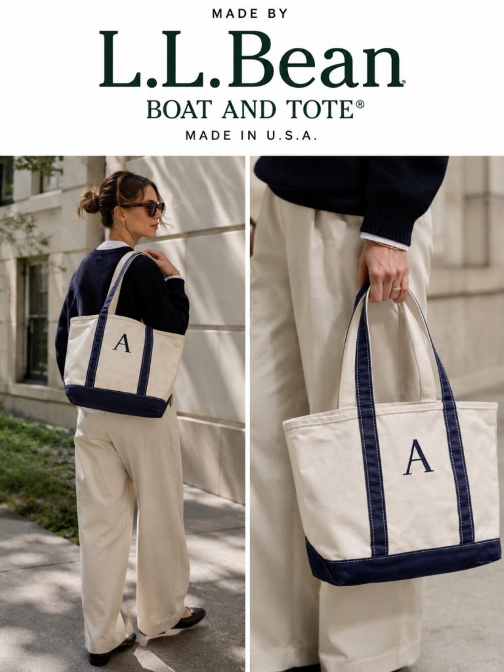 L.L.Bean Boat and Tote Canvas Bag Navy Natural Monogram A Made in USA